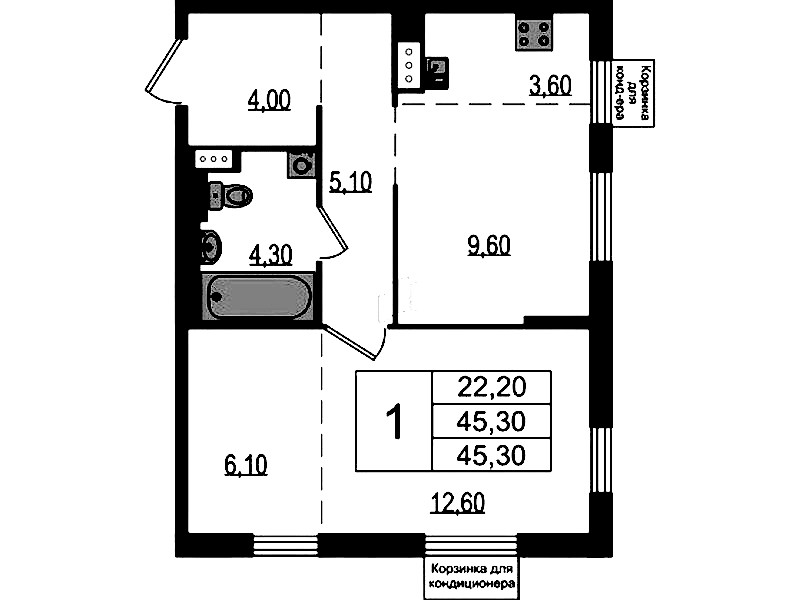 1-комнатная квартира 45.3 м², 5/7 эт., ЖК «Курортный квартал»
